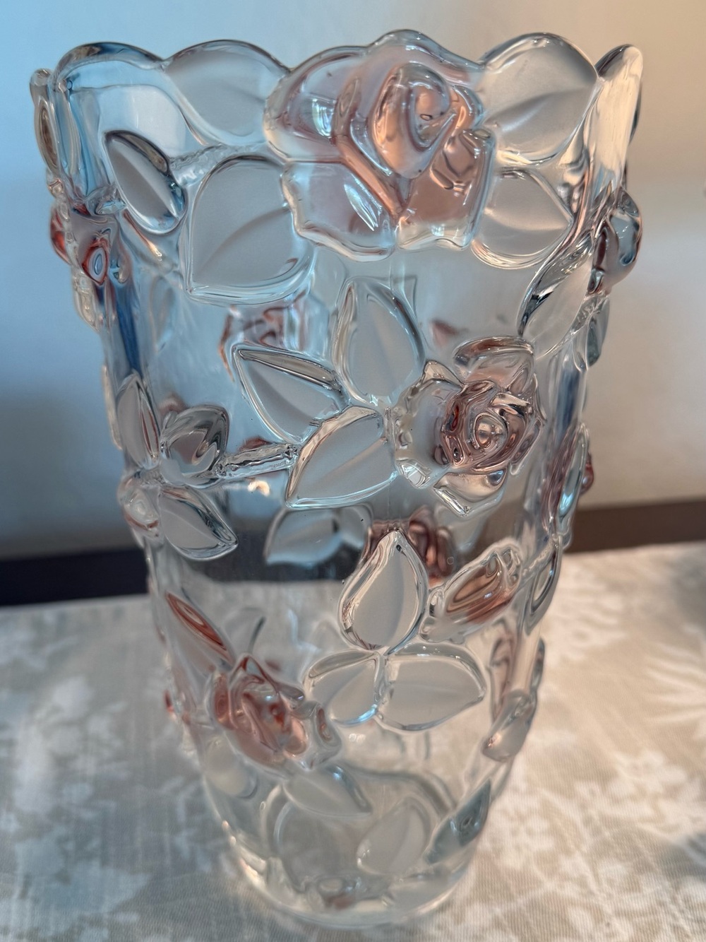 Luxurious Mikasa Belle Rose Floral Glass Vase with Pink Rose Relief